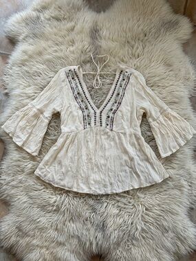 Bohemian V-Neck Tunic Top in Cream with Embroidered Trim